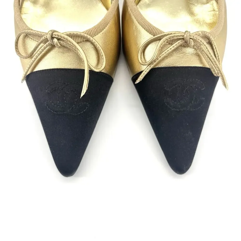 Vintage Chanel CC Logo Bow Cap Toe Slingback Pumps 37